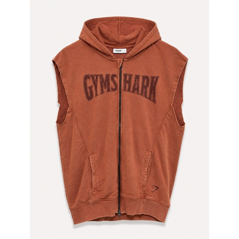 Gymshark Heritage Washed Sleeveless Zip Hoodie Brown Rust Size L